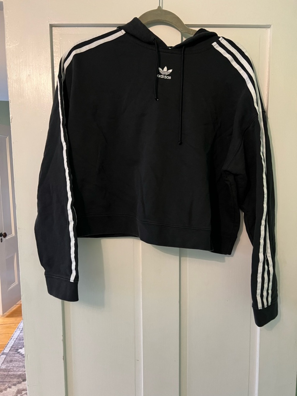 adidas Black Cropped Hoodie with White 3-Stripes